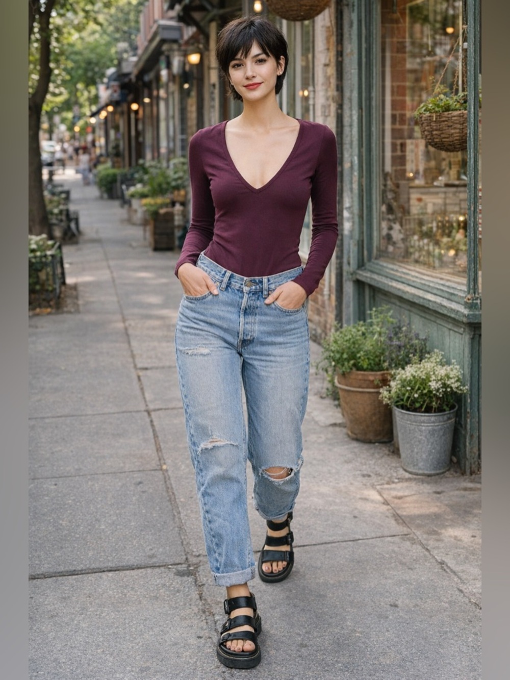 Madewell Burgundy V-Neck Long Sleeve Bodysuit S Stretch Snap Fitted Top